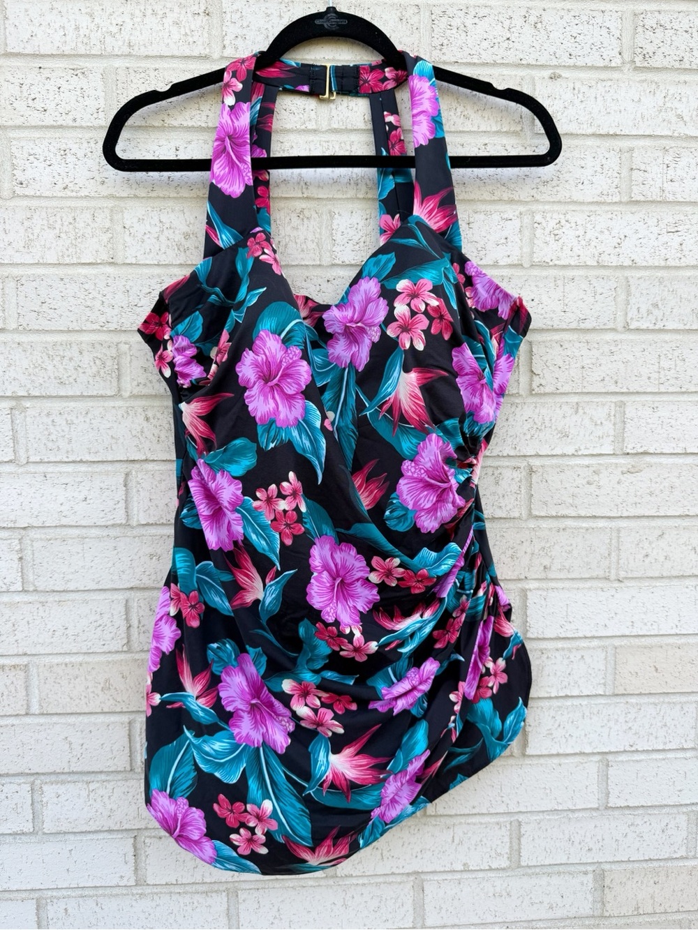 NWOT Lands' End One-Piece Swimsuit Black Pink Purple Green Floral Print Size 22W